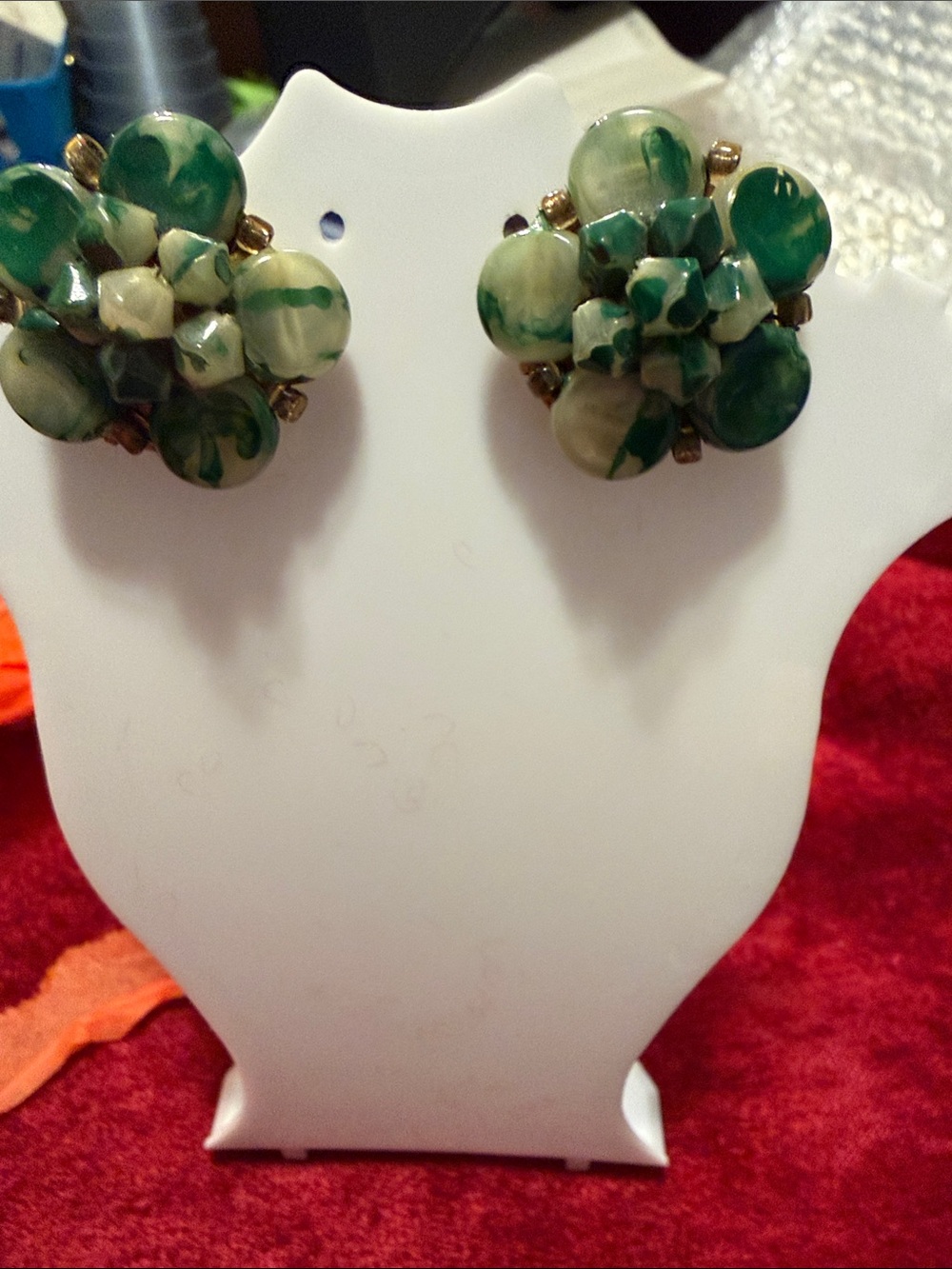 Vintage Green Cluster Bead Clip-On Earrings - Hong Kong signed